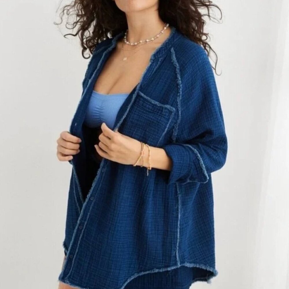 Aerie Sz M Oversized Indigo Blue Gauze Cover Up Button Down Shirt Dress Pocket - Picture 1 of 14
